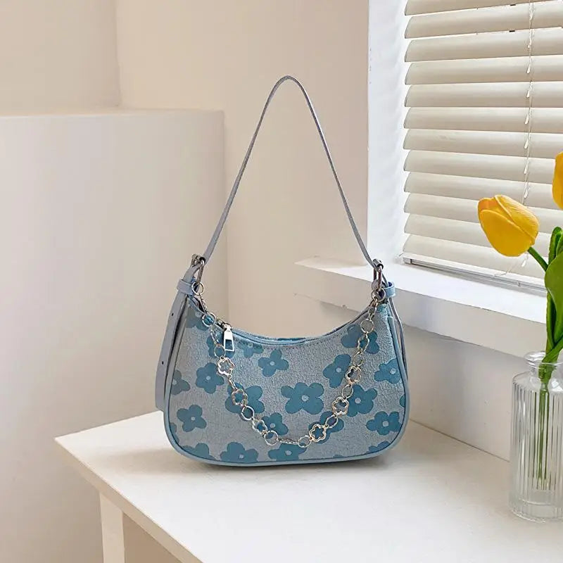 Floral Pattern Shoulder Bag, Fashion Chain Decor Handbag, Crossbody Bag Purse For Women
