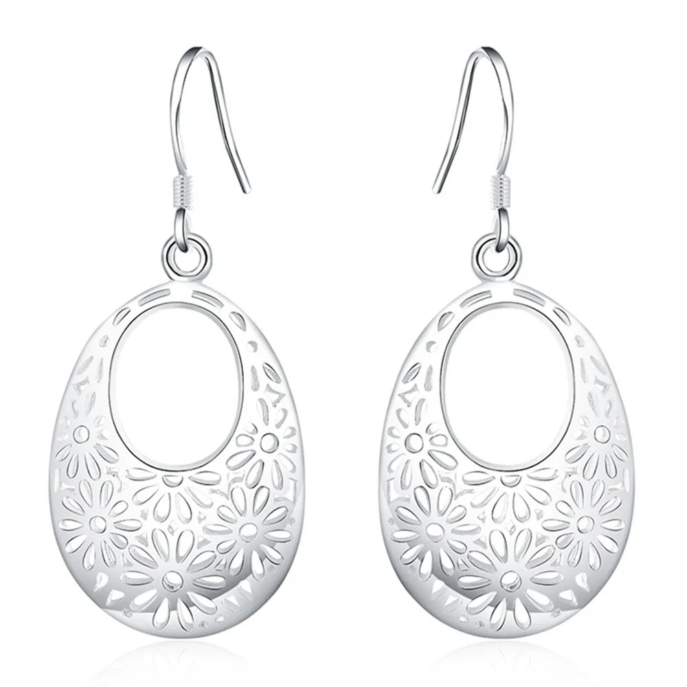 Grace 925 Sterling Silver Carved oval Earrings for Women Retro classic Jewelry fashion party wedding Holiday gifts