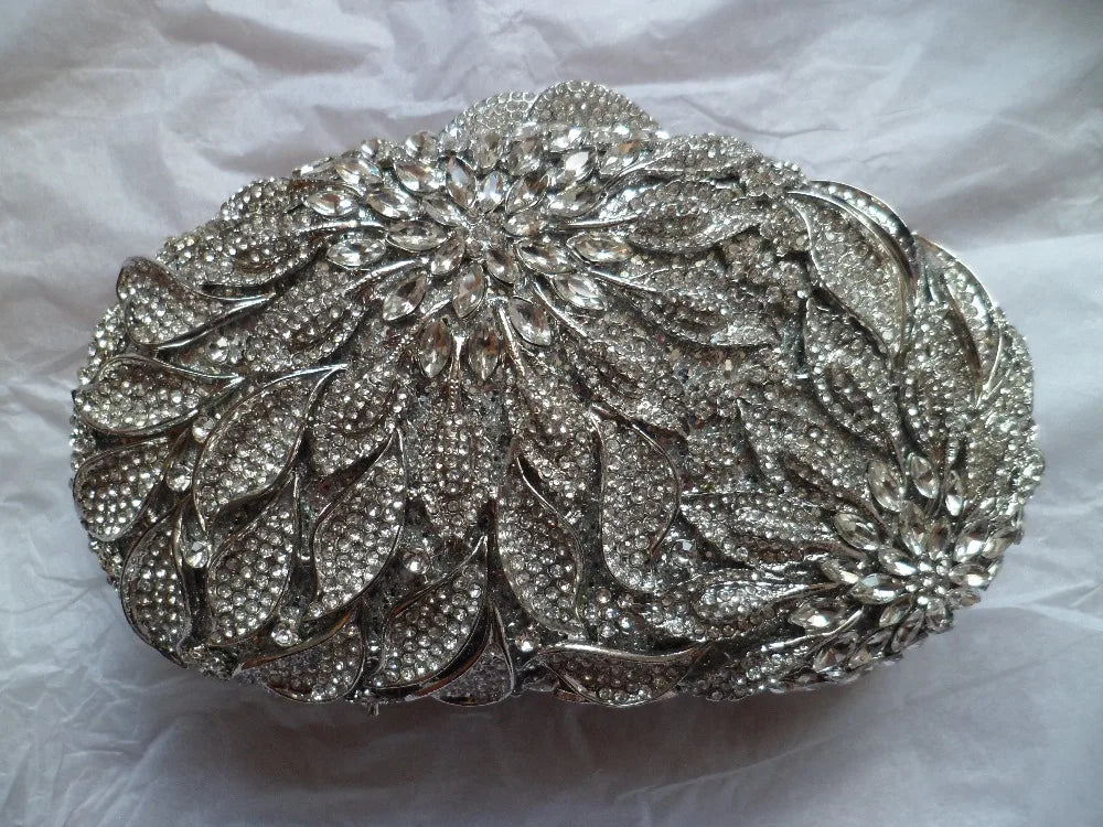 Gold Metal Leaves White Crystals Evening Clutch Bags Luxury Women Wedding Party Purse Ball Handbags Rhinestone Mini Minaudiere