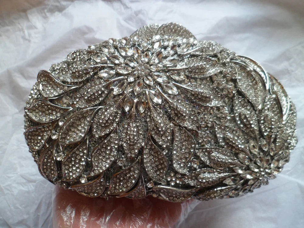 Gold Metal Leaves White Crystals Evening Clutch Bags Luxury Women Wedding Party Purse Ball Handbags Rhinestone Mini Minaudiere