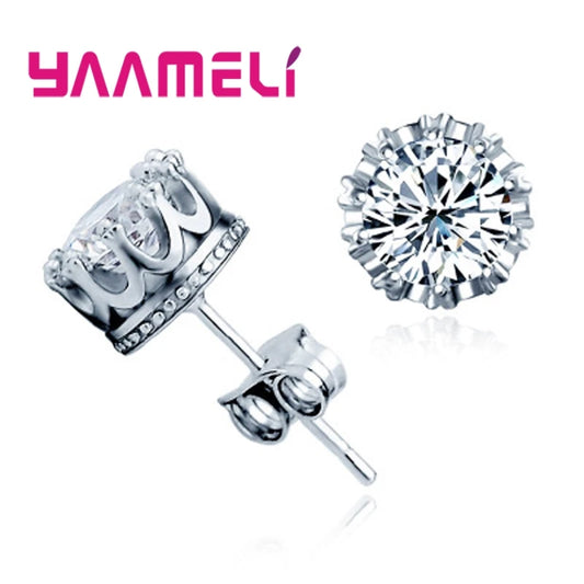 Classic 925 Sterling Silver CZ Crystal Stud Earrings For Women Men Top Quality Cubic Zircon Ear Accessories Jewelry