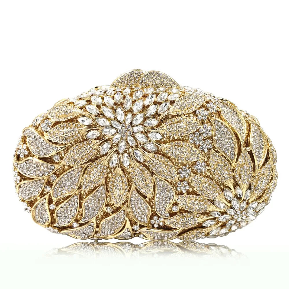 Gold Metal Leaves White Crystals Evening Clutch Bags Luxury Women Wedding Party Purse Ball Handbags Rhinestone Mini Minaudiere