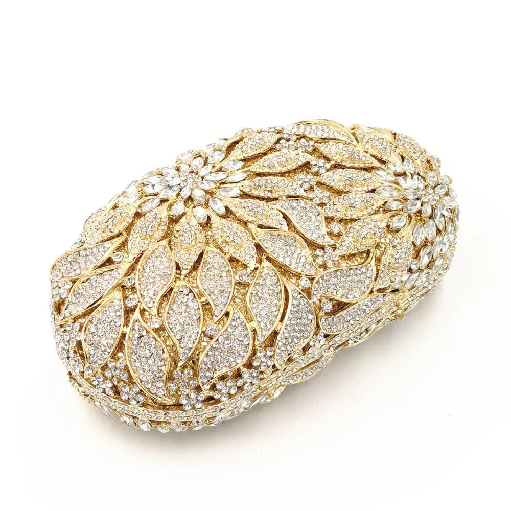 Gold Metal Leaves White Crystals Evening Clutch Bags Luxury Women Wedding Party Purse Ball Handbags Rhinestone Mini Minaudiere