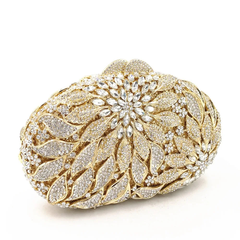 Gold Metal Leaves White Crystals Evening Clutch Bags Luxury Women Wedding Party Purse Ball Handbags Rhinestone Mini Minaudiere