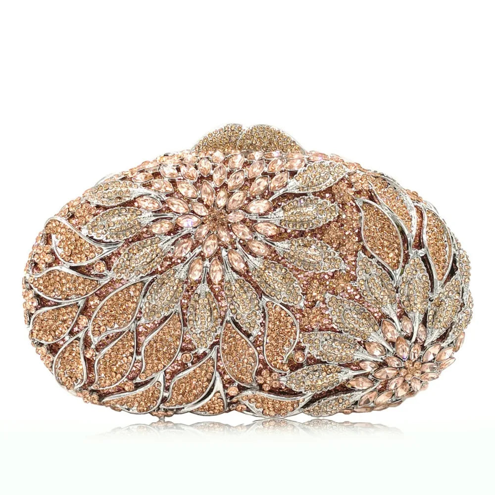 Gold Metal Leaves White Crystals Evening Clutch Bags Luxury Women Wedding Party Purse Ball Handbags Rhinestone Mini Minaudiere