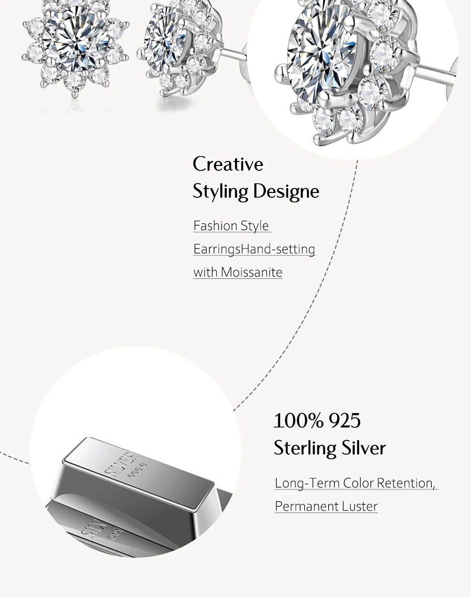 Snowflake Stud Earrings 925 Sterling Silver Jewelry 6.5mm 1.0 Carat Diamond Moissanite Earrings For Women Wedding Gift