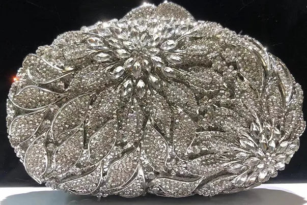 Gold Metal Leaves White Crystals Evening Clutch Bags Luxury Women Wedding Party Purse Ball Handbags Rhinestone Mini Minaudiere