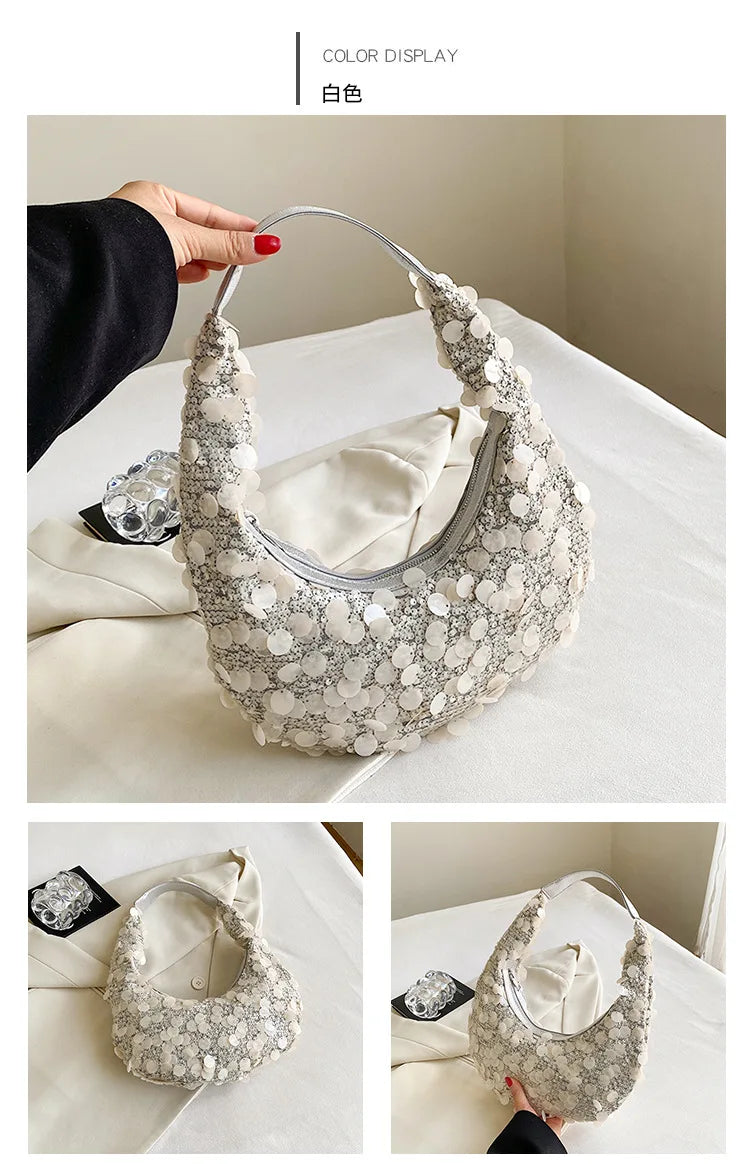 Glitter Sequin Evening Bags for Women Luxury Designer Shoulder Bags Female Retro Underarm Cloud Bags Hobo Bags Ladies Handbags