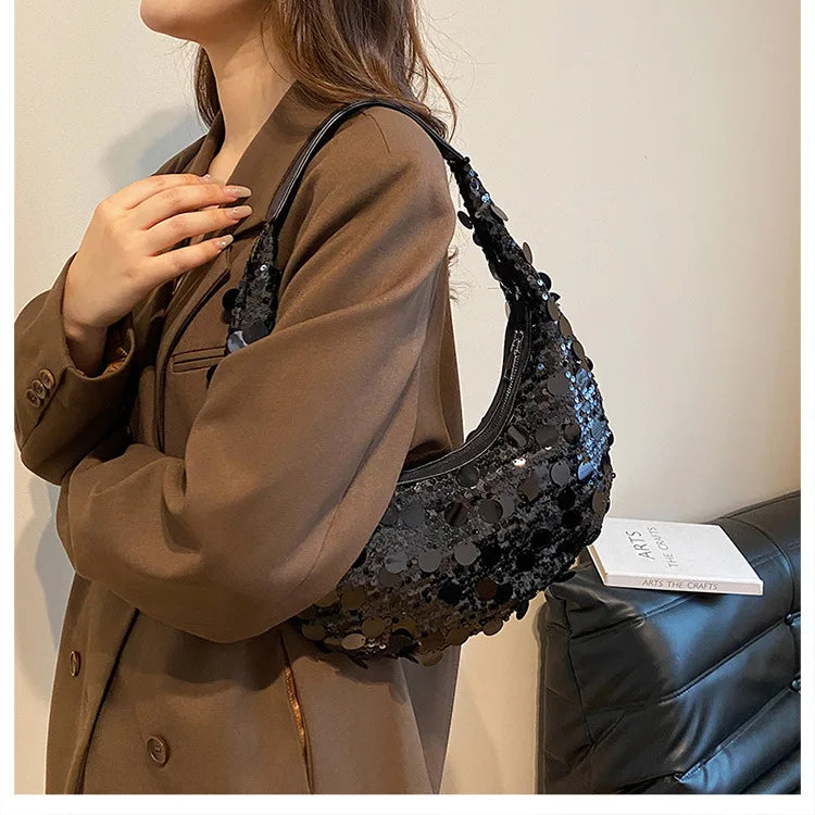 Glitter Sequin Evening Bags for Women Luxury Designer Shoulder Bags Female Retro Underarm Cloud Bags Hobo Bags Ladies Handbags