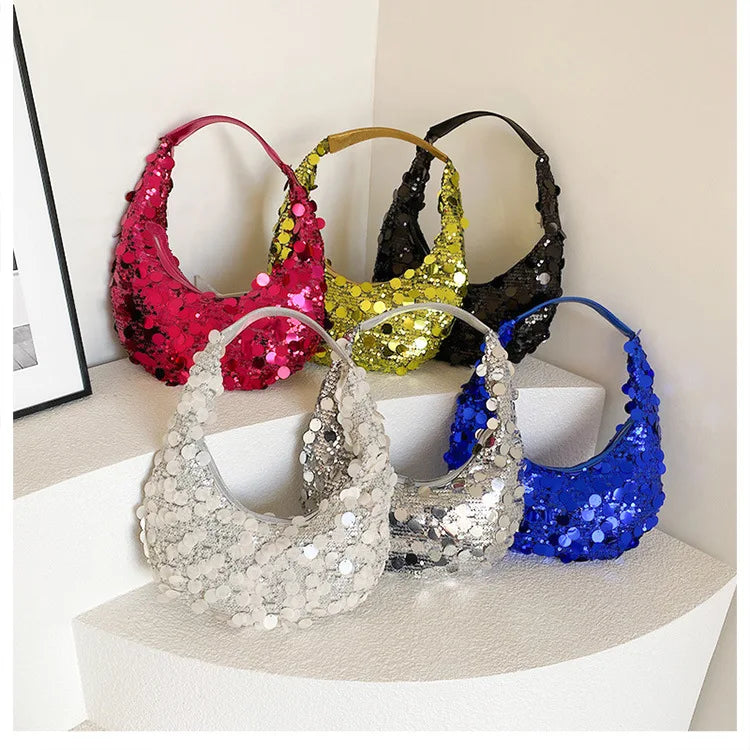 Glitter Sequin Evening Bags for Women Luxury Designer Shoulder Bags Female Retro Underarm Cloud Bags Hobo Bags Ladies Handbags