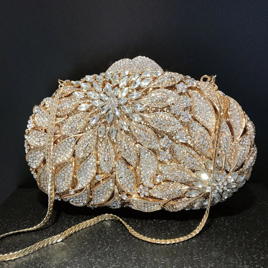 Gold Metal Leaves White Crystals Evening Clutch Bags Luxury Women Wedding Party Purse Ball Handbags Rhinestone Mini Minaudiere