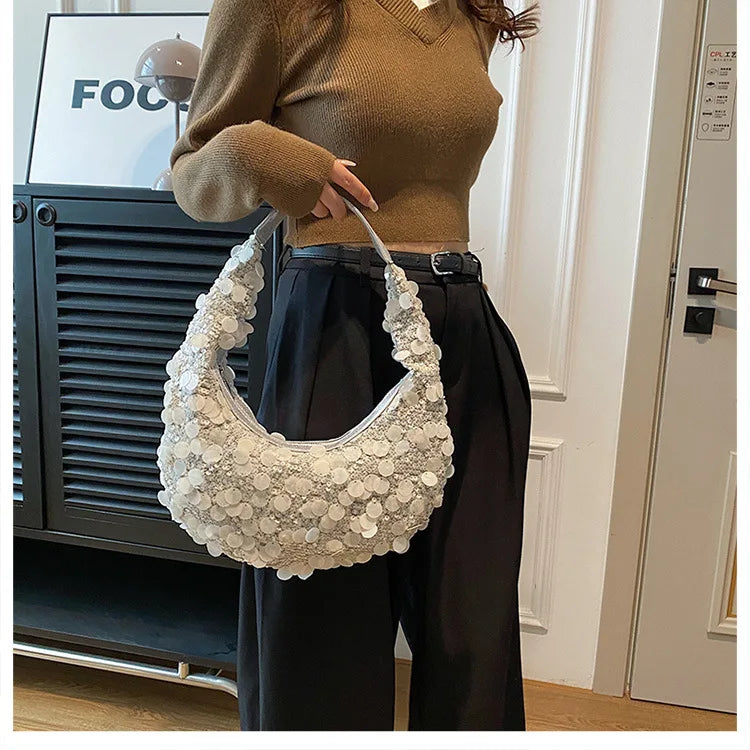 Glitter Sequin Evening Bags for Women Luxury Designer Shoulder Bags Female Retro Underarm Cloud Bags Hobo Bags Ladies Handbags