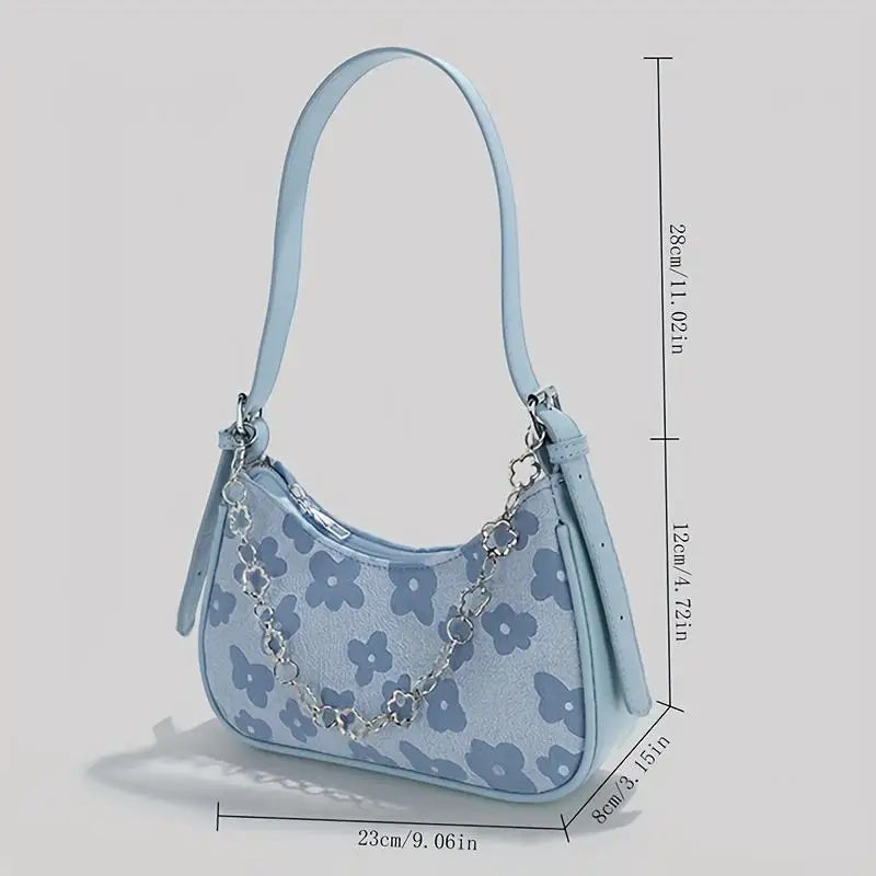 Floral Pattern Shoulder Bag, Fashion Chain Decor Handbag, Crossbody Bag Purse For Women